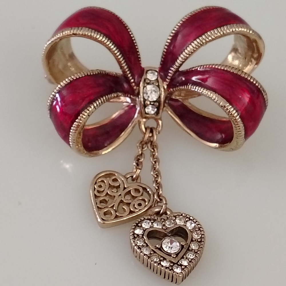 Chic Red Bow Brooch with Heart Charms